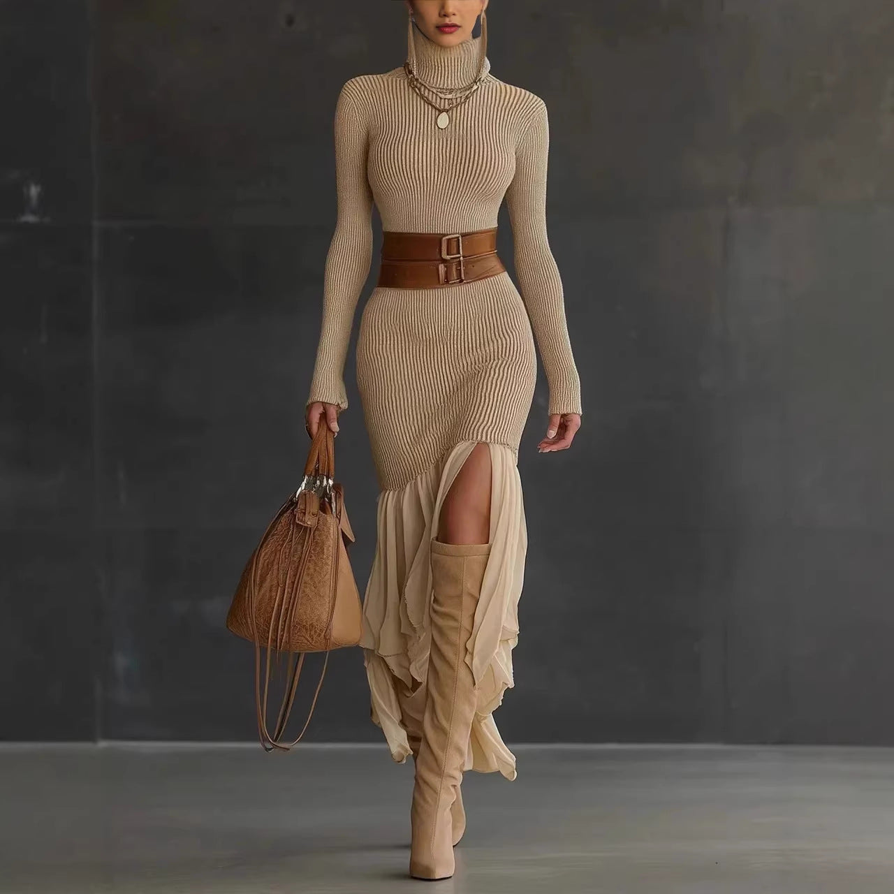 Womens High-neck Ribbed Midi Dress For Spring Autumn And Winter European And American Style