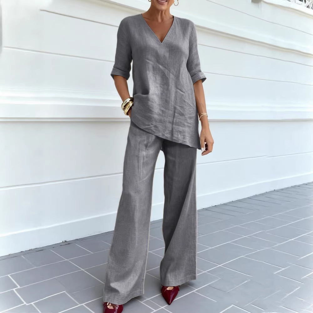 Casual Cotton-Linen Solid-Color Mid-Sleeve V-Neck Top And Straight-Cut Casual Pants Set