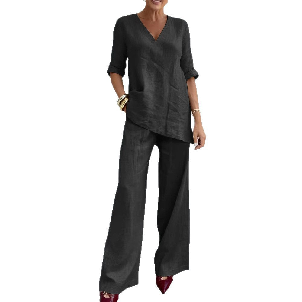 Casual Cotton-Linen Solid-Color Mid-Sleeve V-Neck Top And Straight-Cut Casual Pants Set