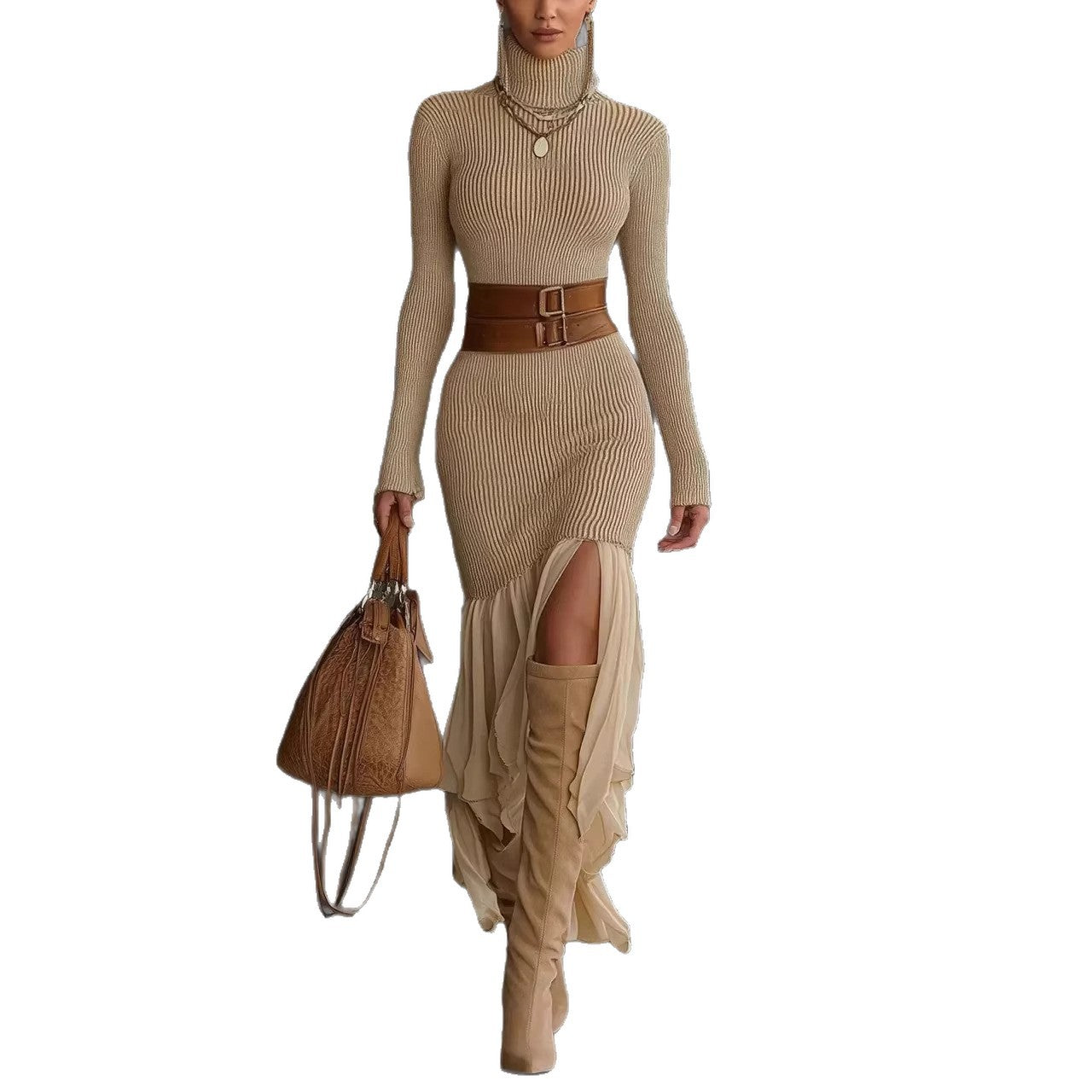 Womens High-neck Ribbed Midi Dress For Spring Autumn And Winter European And American Style