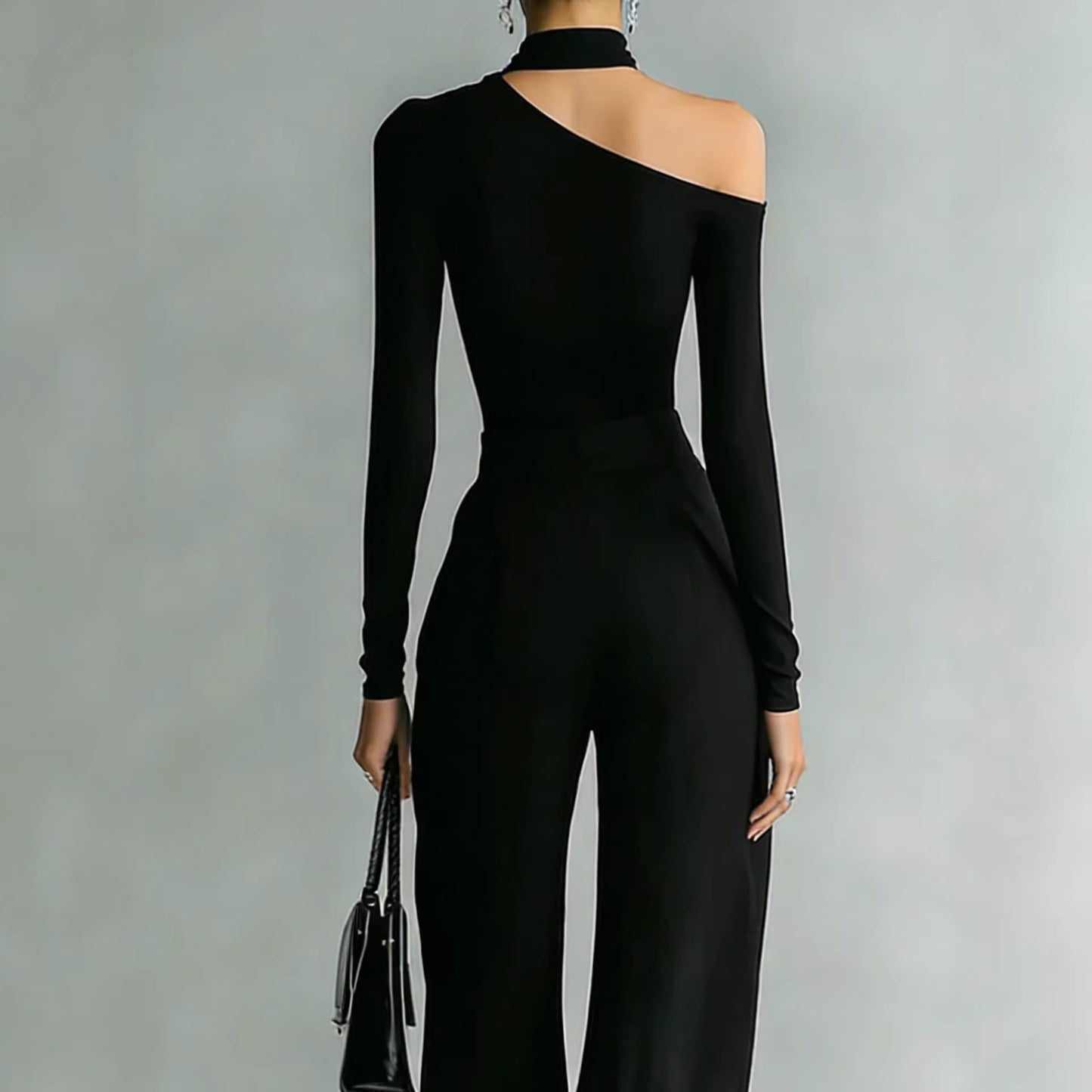 Crew-neck Long-sleeve Knit Two-way-zipper Wide-leg Pants Set