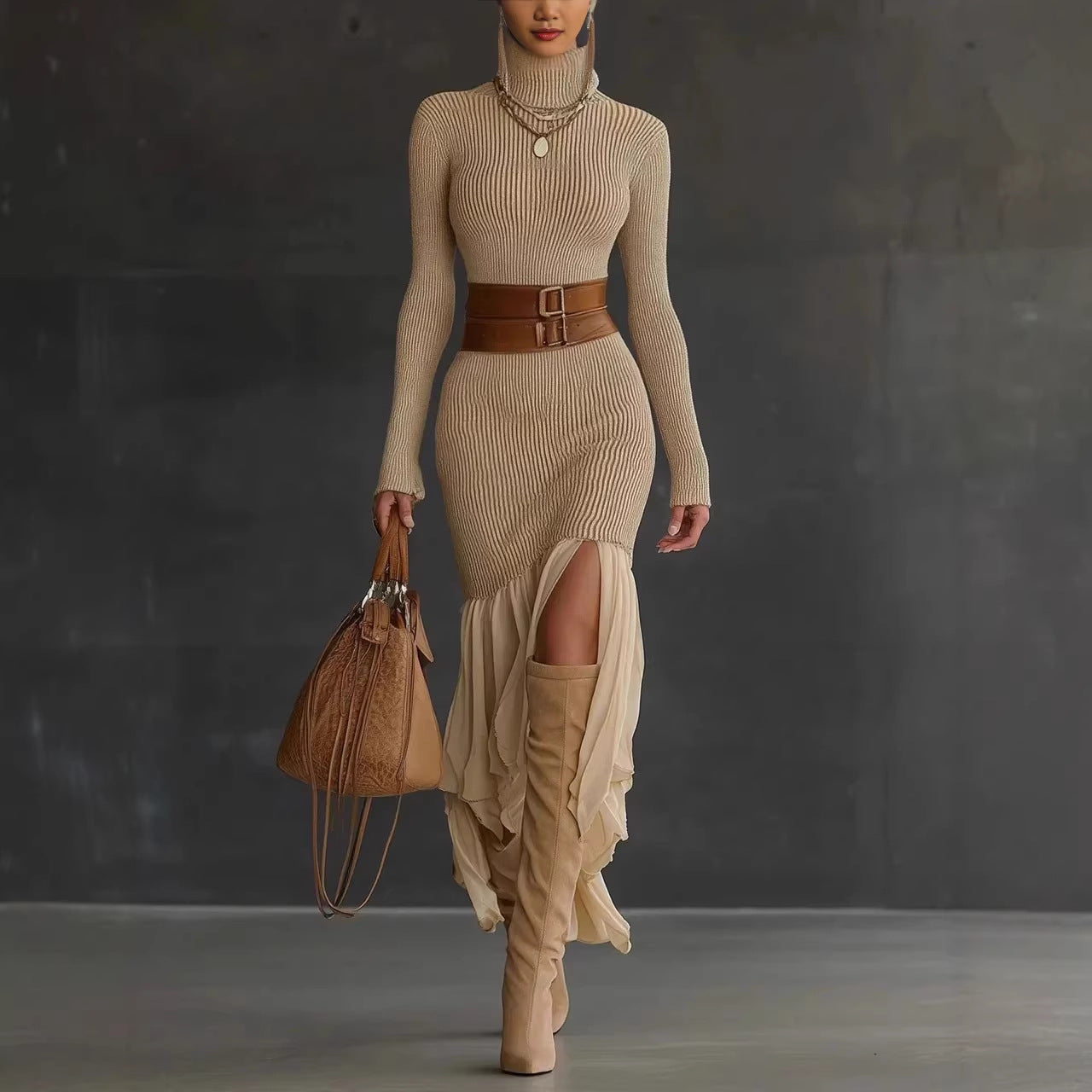 Womens High-neck Ribbed Midi Dress For Spring Autumn And Winter European And American Style