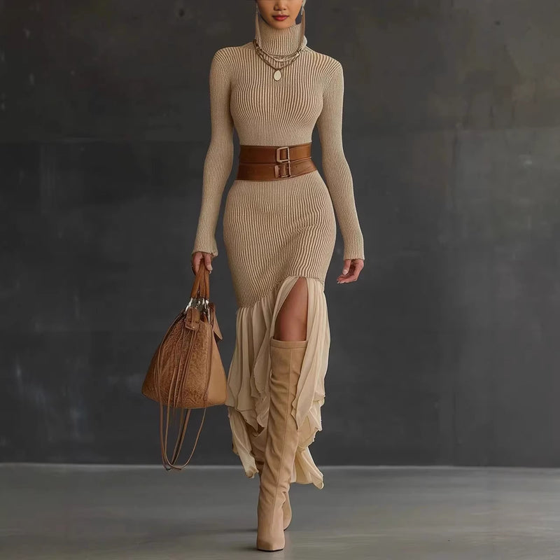 Womens High-neck Ribbed Midi Dress For Spring Autumn And Winter European And American Style