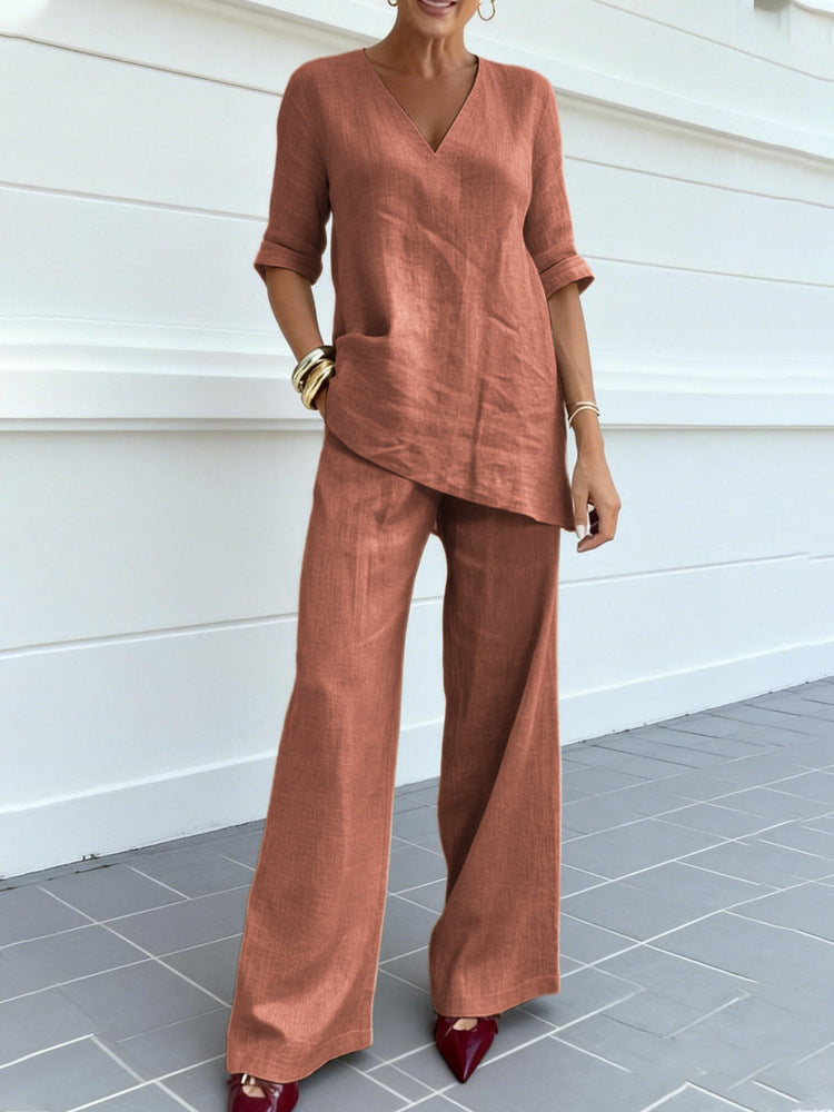 Casual Cotton-Linen Solid-Color Mid-Sleeve V-Neck Top And Straight-Cut Casual Pants Set