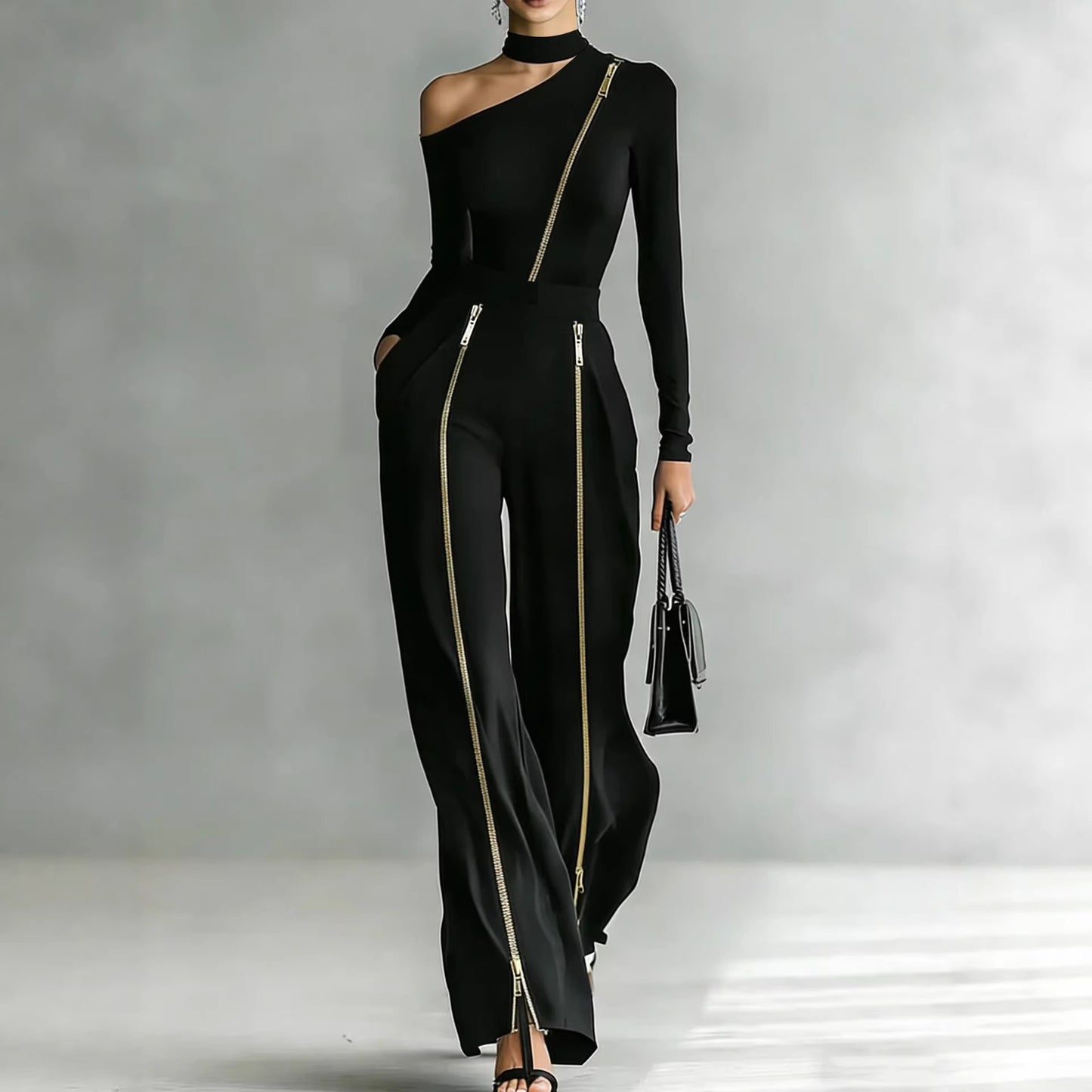 Crew-neck Long-sleeve Knit Two-way-zipper Wide-leg Pants Set