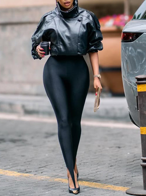 Black Lychee Grain Faux Leather Stand Collar Puff Sleeve Cropped Jacket