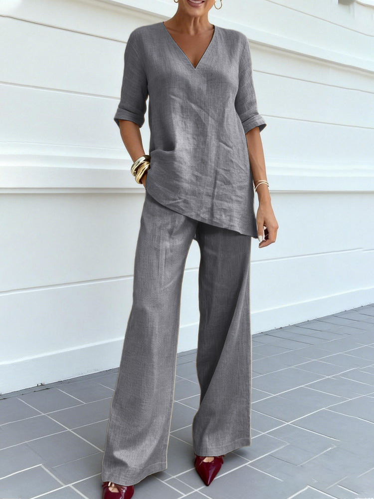 Casual Cotton-Linen Solid-Color Mid-Sleeve V-Neck Top And Straight-Cut Casual Pants Set